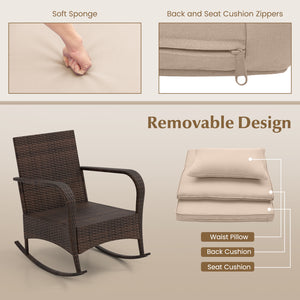 Ergonomic chairs with curved armrests for more comfort<br>Anti-slip mats and bottom stoppers for safe rocking<br>High-quality PE rattan enhances durability and style<br>Cozy cushions feature easy-to-clean zippered covers<br>Elastic lumbar pillows offer ad