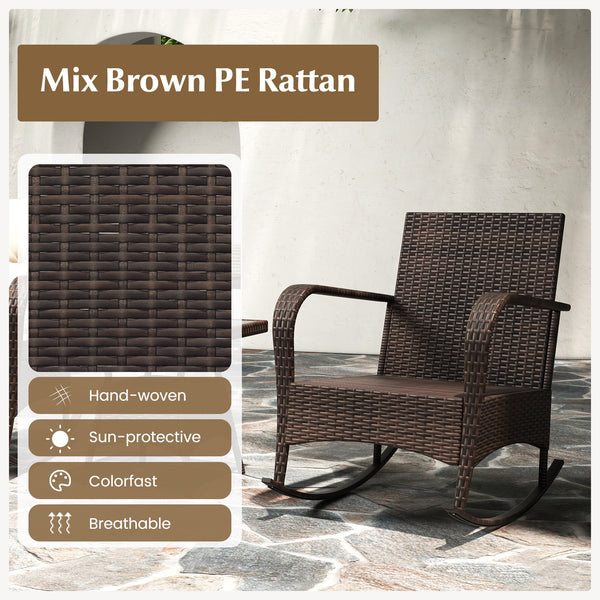 Ergonomic chairs with curved armrests for more comfort<br>Anti-slip mats and bottom stoppers for safe rocking<br>High-quality PE rattan enhances durability and style<br>Cozy cushions feature easy-to-clean zippered covers<br>Elastic lumbar pillows offer ad