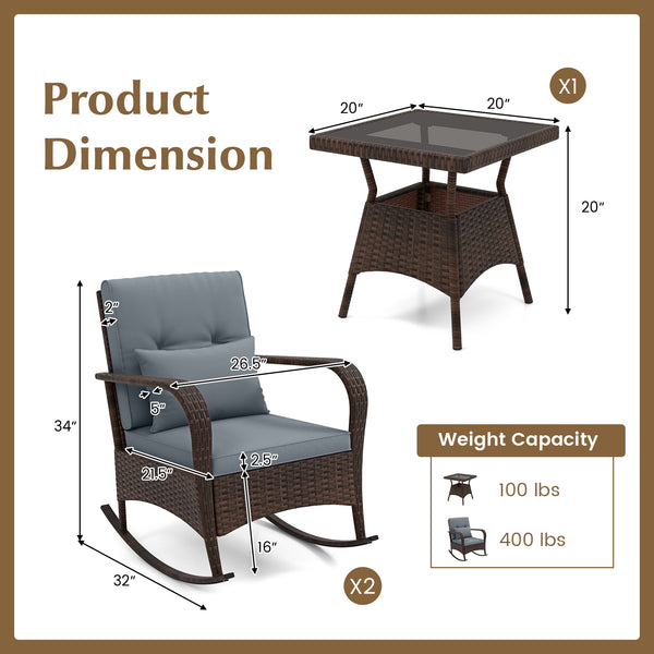 Ergonomic chairs with curved armrests for more comfort<br>Anti-slip mats and bottom stoppers for safe rocking<br>High-quality PE rattan enhances durability and style<br>Cozy cushions feature easy-to-clean zippered covers<br>Elastic lumbar pillows offer ad
