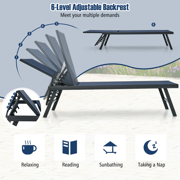 6-level adjustable backrest satisfies your different needs<br>Lightweight yet anti-deformation aluminum frame for high stability<br>Anti-slip footpads of chaise lounges protect the ground<br>Breathable seat fabric offers more comfort<br>Coffee table makes