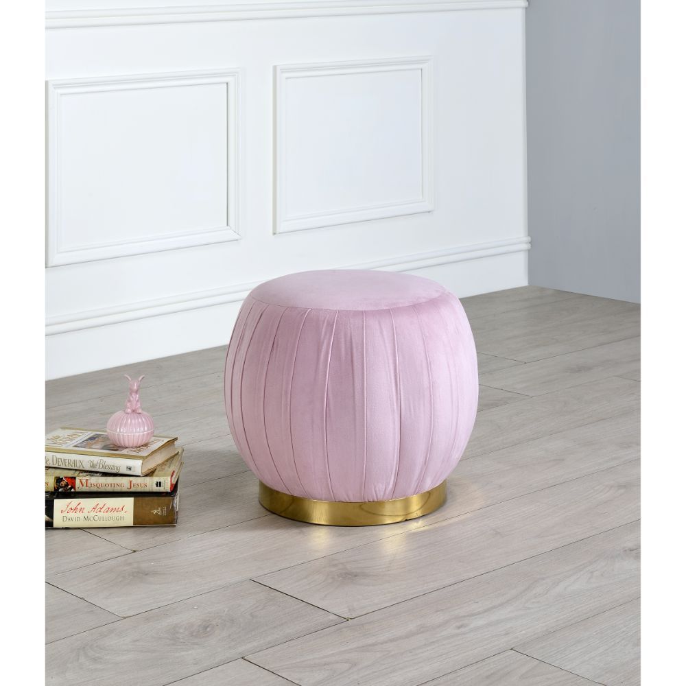 Assembled, Backless Round Ottoman (NO Storage) â€¢ Fully Padded Seat: Velvet â€¢ Armless â€¢ Wooden Inner Frame â€¢ Metal Round Base: Gold Finish<br/><br/><b>Product Features</b><ul><li>Round Ottoman</li><li>Stationary Seat</li><li>Armless (Backrest)</li>