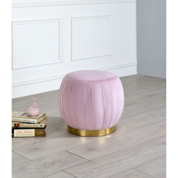 Assembled, Backless Round Ottoman (NO Storage) â€¢ Fully Padded Seat: Velvet â€¢ Armless â€¢ Wooden Inner Frame â€¢ Metal Round Base: Gold Finish<br/><br/><b>Product Features</b><ul><li>Round Ottoman</li><li>Stationary Seat</li><li>Armless (Backrest)</li>