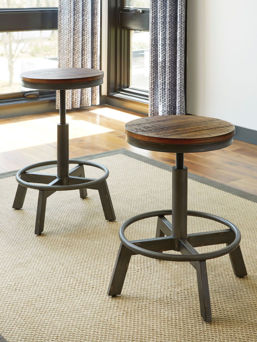 Table and stool seat are constructed with Acacia veneer over engineered wood and mixed solid wood. Urban contemporary design features a two-tone finish scheme. Table top and D440-024 stool seat are finished in a distressed light rum colored finish. Table 