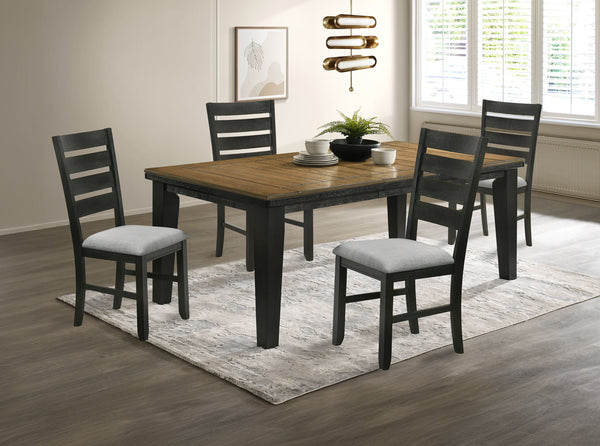 This dining group effortlessly combines farmhouse warmth with modern sophistication, creating a captivating focal point for any dining space. The table features a rich, two-tone design with a beautifully finished wood top and contrasting dark legs, delive