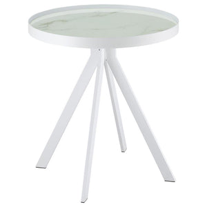 Briggs - Round Marble Printed Glass Top End Side Table - White