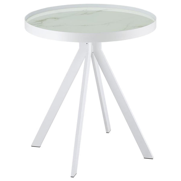 Briggs - Round Marble Printed Glass Top End Side Table - White