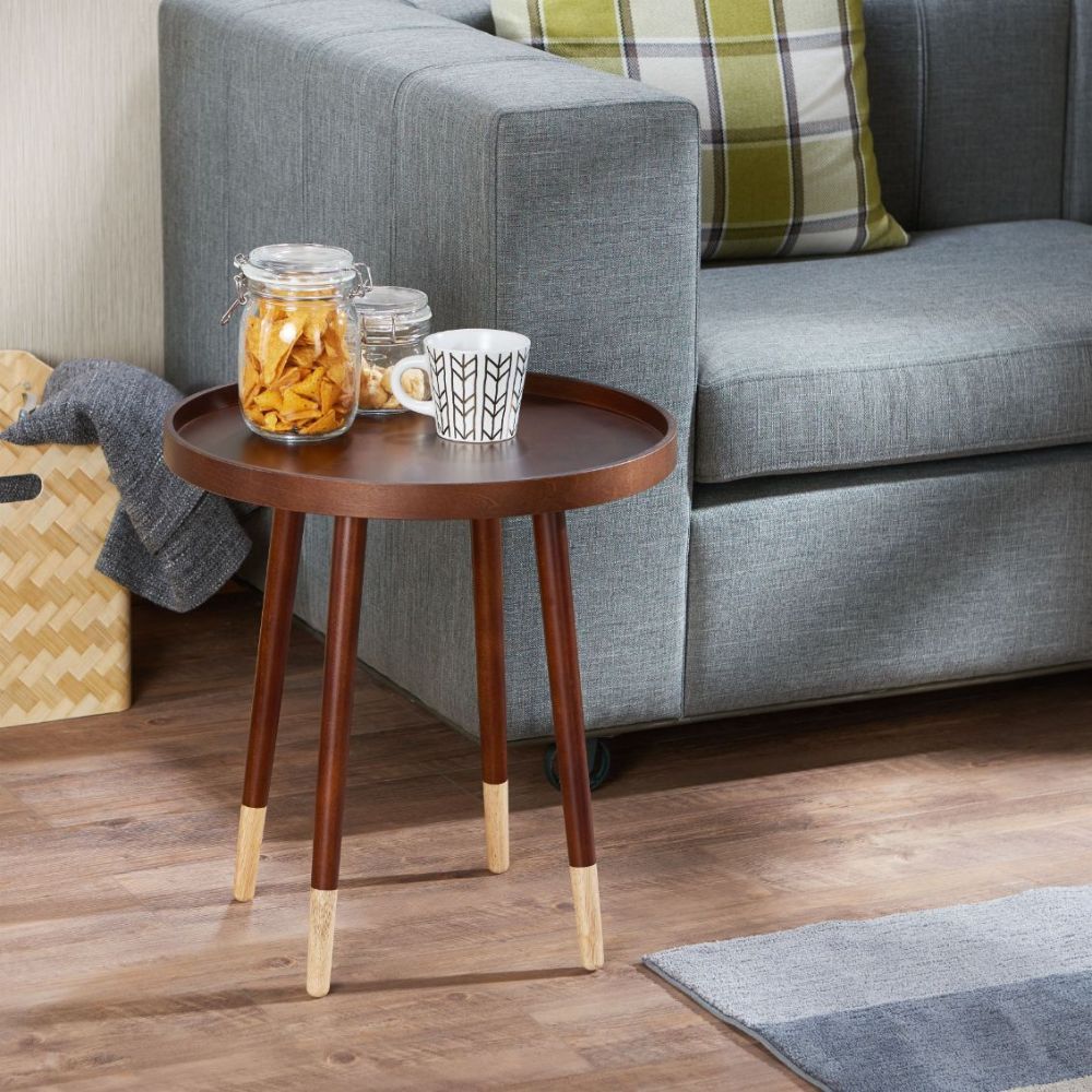 A mid-century modern design, the Dein tray-top end table offers a pleasing focal point to your space. With a smooth walnut finish, the tip point of the table legs are painted in natural wood finish, creating contradictions and beauty. Elevate your living 