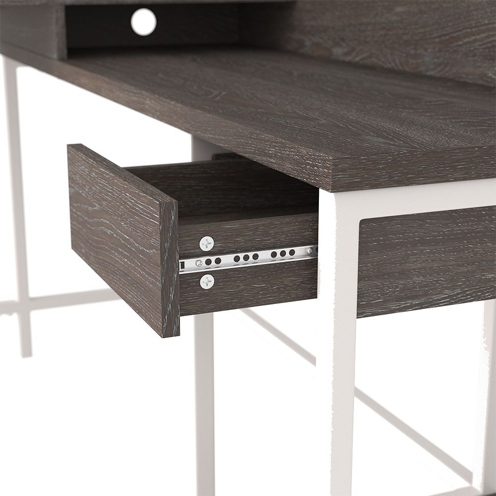 Modern Farmhouse design with an Urban attitude. Made with a paper laminate featuring a two tone replicated gray wood top and antique white base with engineered wood substrate. Each piece is thoughtfully designed to offer style and function to any home off