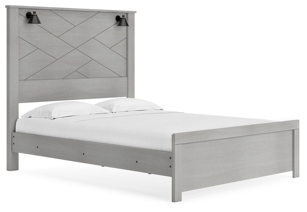 Cool, clean and casually modern. This queen panel bedâ€™s wispy dove gray finish sets the tone for your calming sanctuary. Matte black sconce lights and an abstract design on the headboard bring a fresh look to the bedâ€™s simply stunning profile. <h4><b>