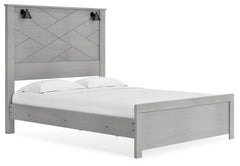 Cool, clean and casually modern. This queen panel bedâ€™s wispy dove gray finish sets the tone for your calming sanctuary. Matte black sconce lights and an abstract design on the headboard bring a fresh look to the bedâ€™s simply stunning profile. <h4><b>