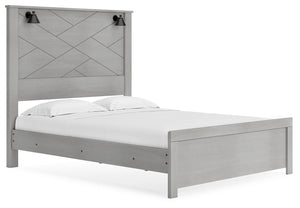 Cool, clean and casually modern. This queen panel bedâ€™s wispy dove gray finish sets the tone for your calming sanctuary. Matte black sconce lights and an abstract design on the headboard bring a fresh look to the bedâ€™s simply stunning profile. <h4><b>