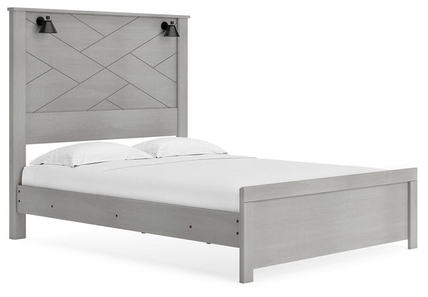 Cool, clean and casually modern. This queen panel bedâ€™s wispy dove gray finish sets the tone for your calming sanctuary. Matte black sconce lights and an abstract design on the headboard bring a fresh look to the bedâ€™s simply stunning profile. <h4><b>