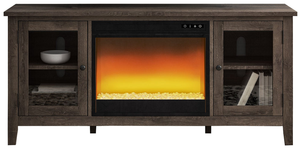 With its replicated weathered oak finish and minimalist charm, this TV stand with electric fireplace insert is right in tune with your relaxed approach to high style. Beautifully made to accommodate your media equipment, itâ€™s well equipped with adjustab