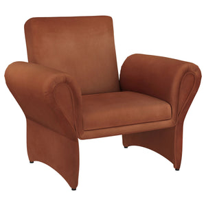 Play with color when you choose the bold hues of a modern accent armchair. In deep rust, it boasts velvety soft upholstery and a sculptural silhouette that blends timeless design elements to create a look that-'s new and fresh. A pair of rolled arms are d