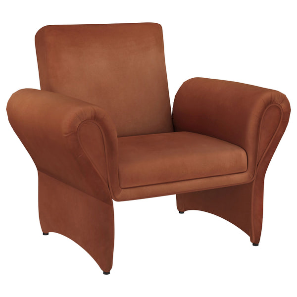 Play with color when you choose the bold hues of a modern accent armchair. In deep rust, it boasts velvety soft upholstery and a sculptural silhouette that blends timeless design elements to create a look that-'s new and fresh. A pair of rolled arms are d