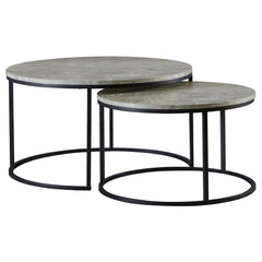 This nesting coffee table set offers a practical design, ideal for spaces that require versatility. Featuring two round tables with engineered wood tops and a grey faux marble finish, it complements modern and minimalist interiors. The durable metal frame