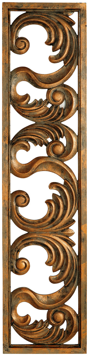 Grace your home with an epic, expensive feel without breaking the bank. This wall sculpture-'s stately scrollwork design is dressed in an antiqued goldtone finish. Hang it in your entryway to set a tasteful tone, or place it next to picture frames on a ga