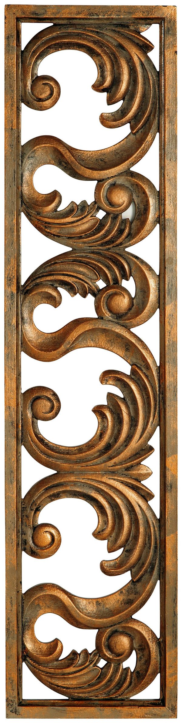 Grace your home with an epic, expensive feel without breaking the bank. This wall sculpture-'s stately scrollwork design is dressed in an antiqued goldtone finish. Hang it in your entryway to set a tasteful tone, or place it next to picture frames on a ga
