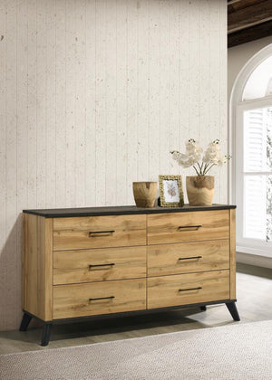  combining mid-century modern design with a rustic wood grain effect. The weathered brown and natural pine finish is beautifully complemented by matte black finished metal pull handles. Cr