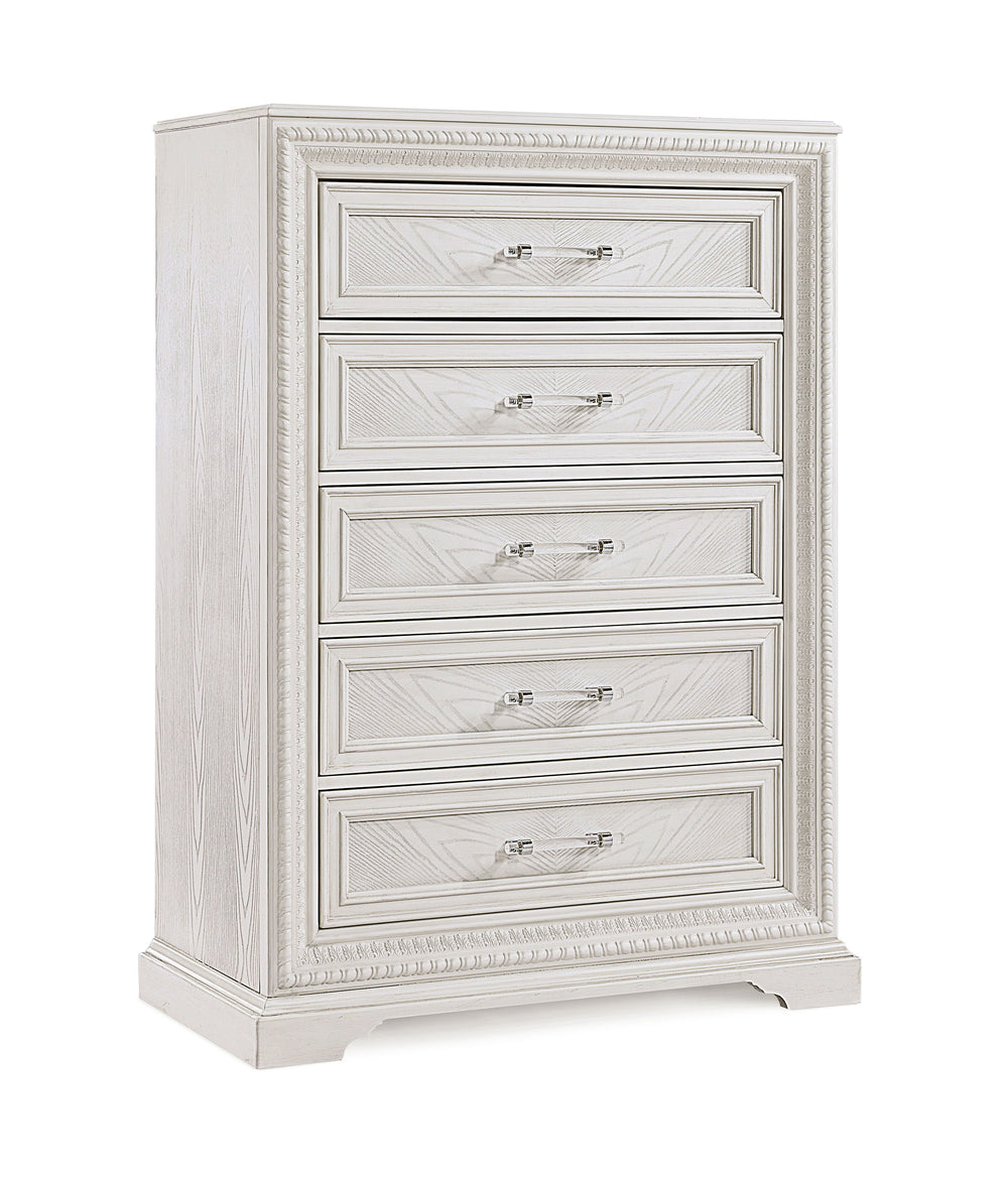 Introducing a bedroom collection that brings a breath of fresh sophistication to any living space. This suite boasts a bright, antique white finish that immediately brightens and opens up a room, providing a versatile foundation for any decor style. The b