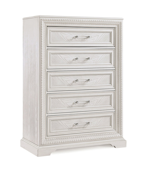 Introducing a bedroom collection that brings a breath of fresh sophistication to any living space. This suite boasts a bright, antique white finish that immediately brightens and opens up a room, providing a versatile foundation for any decor style. The b