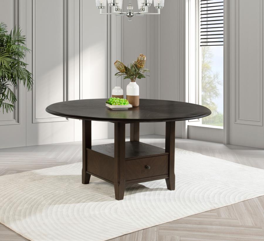 Create a stylish and functional dining area with this transitional round dining table. Featuring a spacious 60-inch tabletop in a rich, dark cocoa finish, this table makes a striking centerpiece for any dining room. The pedestal base includes two drawers 