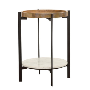  while a white marble shelf below adds a touch of luxury. Supported by slender bl