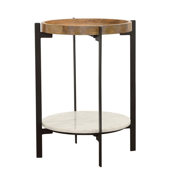 while a white marble shelf below adds a touch of luxury. Supported by slender bl