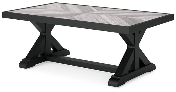  this high-style/low-maintenance table charms with X-leg farmhouse styling. With a unique reverse diamond