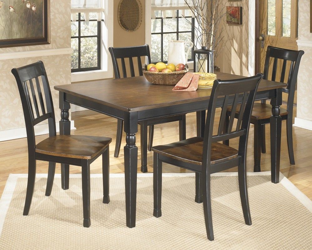 Made with select veneers and hardwood solids in a two-tone finish. Table tops and chair seats are finished in a burnished brown color. The chair frames and table bases are finished in cottage black paint. Glued and screwed corner block construction. <h4><