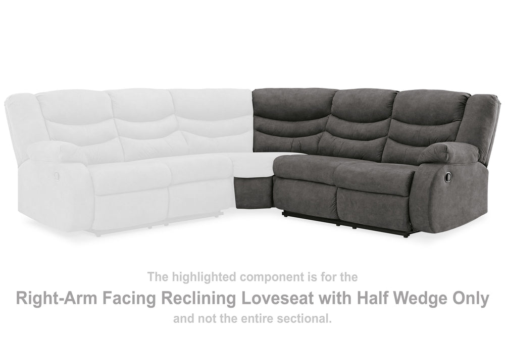 This right-arm facing reclining loveseat with half wedge is made with faux leather upholstery. Pairs with other items in the series to make a sectional.<br><br><b>Additional Dimensions</b><br><ul><li>Arm height: 26-"</li><li>Seat depth: 22-"</li><li>Seat 