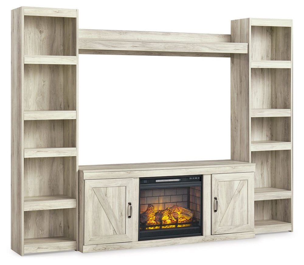 Express your modern farmhouse style with this entertainment center with fireplace. Its wispy white finish over replicated oak grain is a delightful change from the ordinary. The clean-lined, classic styling with barn door inspiration provides a country-ch