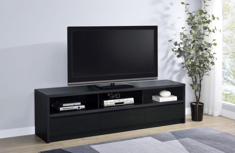 Upgrade your entertainment space with this black TV stand, crafted from engineered wood with a paper laminate veneer for durability and a sleek finish. The clean lines and modern design include open shelves for electronics, a wire management hole to reduc