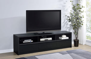  crafted from engineered wood with a paper laminate veneer for durability and a sleek finish. The clean lines and modern design include open shelves for electronics
