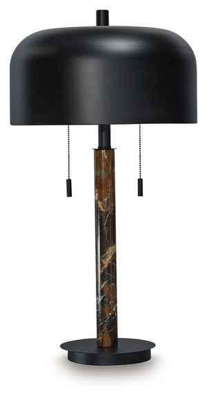 A luxurious addition to any living room, this table lamp is an instant classic. Crafted with dark brown marble and black metal, and topped with a metal shade, it brings a moody, masculine feel to contemporary style.<br><br><b>Additional Dimensions</b><br>