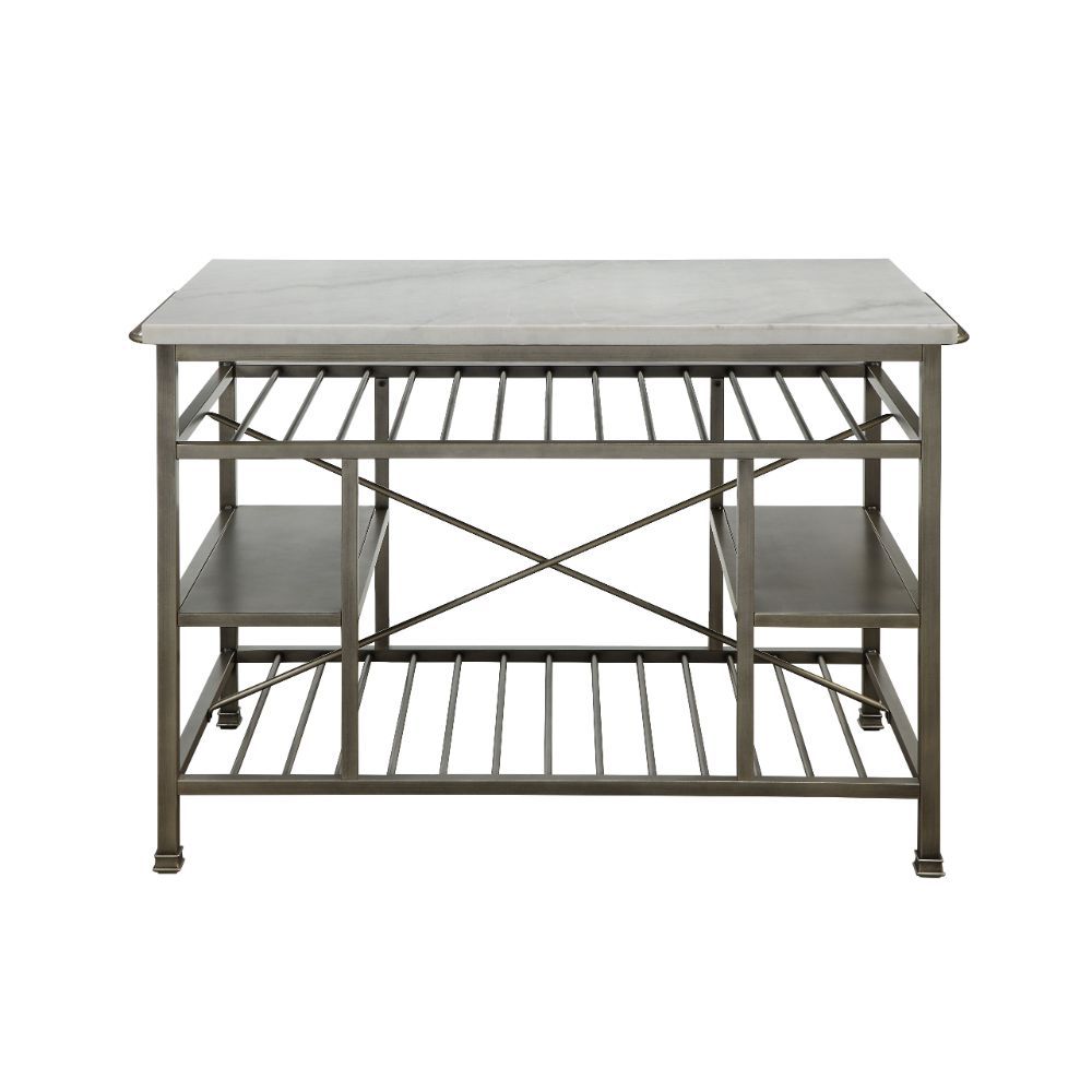 The Lanzo Kitchen Island is equally ideal for counter space or an excellent choice for display with extra storage. Blending contemporary style with industrial charm, the design is both stylish and functional. The metal frame adds a touch of industrial imp