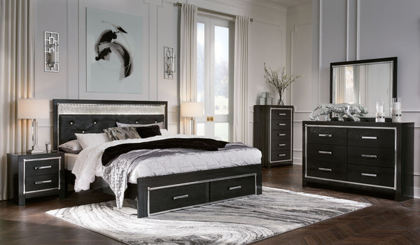 Rest easy. The luxurious look youâ€™ve been dreaming of is yours for the taking, at a price sure to put you at ease. This upholstered panel bedroom with storage brings a sense of old Hollywood with a contemporary flair. A deep, dark finish, faceted chrome