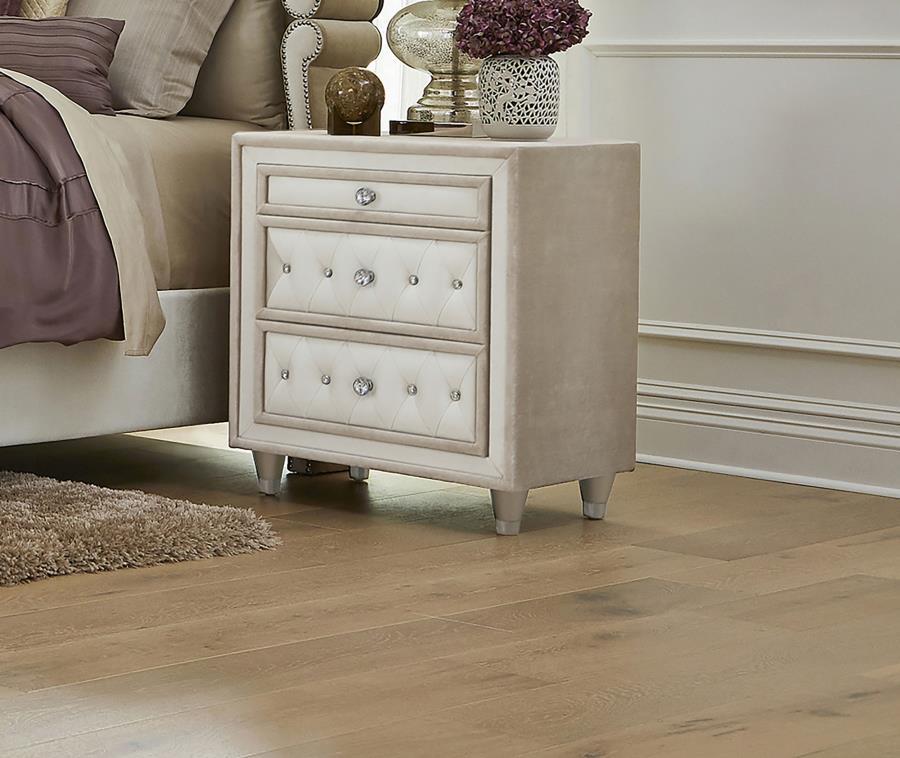With French Provincial decor in mind, this upholstered nightstand has everything you need for an elegant bedroom. It-'s a three-drawer nightstand that offers storage space for small bedside essentials. Beautiful button tufting on the drawers is enhanced w