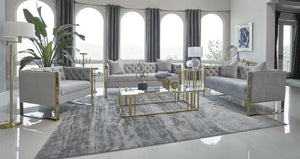 Elegant above all, this three-piece living room set comes with a sofa, loveseat, and armchair that lend a Hollywood Regency flair. Wrapped in a soft and light grey velvet upholstery, each piece is supported by thin stainless steel braces in a polished, hi