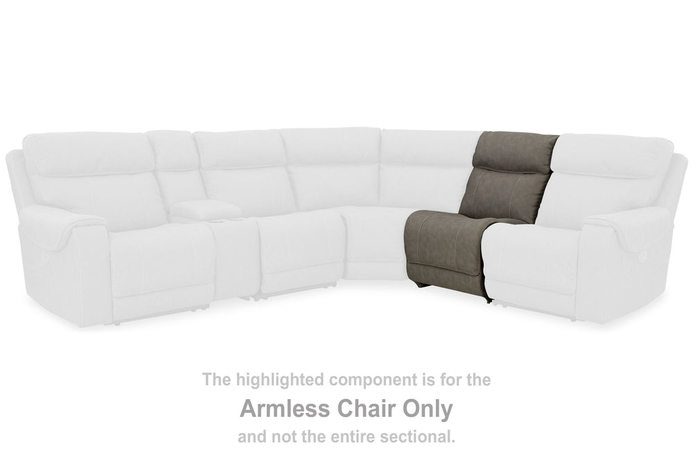 This armless chair is made with faux leather upholstery. Pairs with other items in the series to make a sectional.<br><br><b>Additional Dimensions</b><br><ul><li>Seat depth: 20-"</li><li>Seat height: 22-"</li><li>Top of cushion to top of back: 24-"</li><l