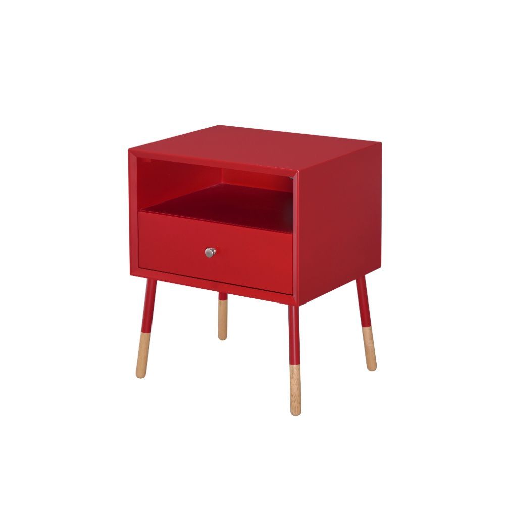 The Sonria II end table offers a contemporary take on a stylish retro design, ideal for your living room, family room, or bedroom. With its open storage compartment and bottom pull out drawer, you can conveniently store your remote controls, magazines, or