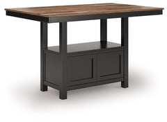 This counter height dining table dresses up your favorite farmhouse motifs with modern flair. A butcherblock-style top provides ruggedly chic contrast to the sleek black base. Short on storage space? The pedestalâ€™s built-in cabinet, with doors on each s