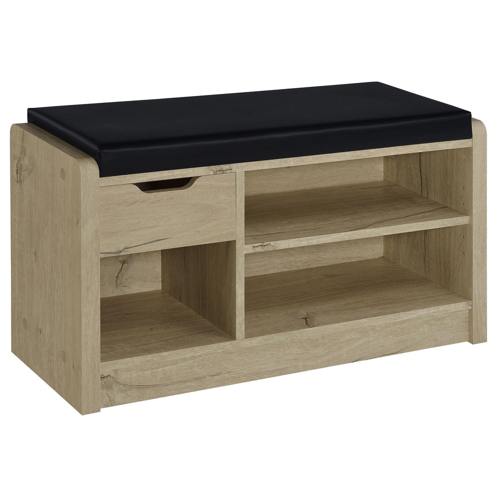 Make your entryway or garage both functional and stylish with this versatile storage bench, designed to keep your space organized. Featuring a foam cushion upholstered in sleek black faux leather, this bench offers a comfortable seat while you put on or t