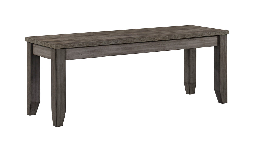 This dining group exudes contemporary elegance and rustic charm, making it a versatile addition to any dining space. The set features a robust rectangular table, finished in a sleek gray wash that highlights the natural wood grain, providing a warm and in