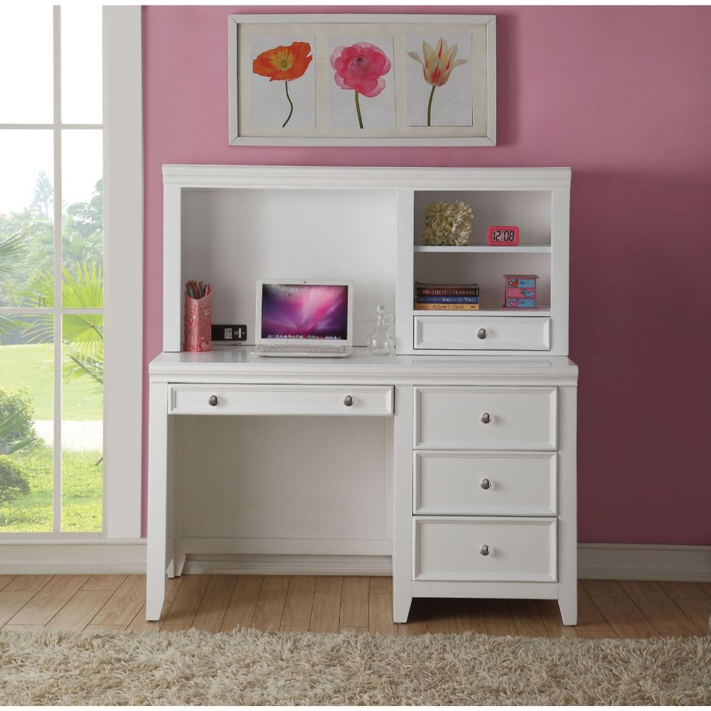 RF 3 Drw & LF Keyboard Drw (drop down front) Drw) Fronts: Raised & Recessed Paneling Drawer: GLIDE Center Wood (Bottom), DT English, Knob: Metal Nickele Wooden Tapered Leg<br/><br/><b>Product Features</b><ul><li>Case: 1Pc/1Ctn</li><li>Finish: White</li><l