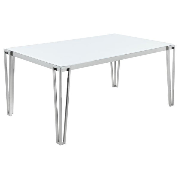 Clean lines and sleek materials give this dining table a distinctly modern edge. The white frosted tempered glass top offers a bright, airy look, while the polished stainless steel frame delivers durability and shine. Designed with geometric, hairpin-insp