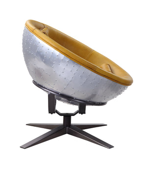  contrasting with the riveted aluminum exterior of the chair