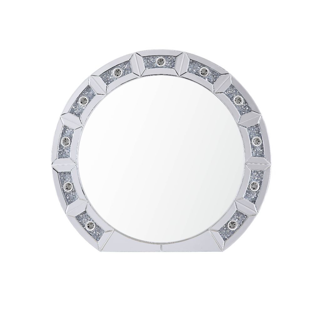 Undeniable magnificence with high-tech flair, this Noralie wall mirror is meant to become your favorite accent. Round frame with 4mm beveled mirror and faux diamonds inlaid, this piece is as attractive as it is functional. Rimmed by -"hollywood style-" li