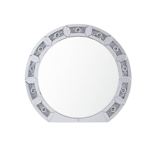 Undeniable magnificence with high-tech flair, this Noralie wall mirror is meant to become your favorite accent. Round frame with 4mm beveled mirror and faux diamonds inlaid, this piece is as attractive as it is functional. Rimmed by -"hollywood style-" li
