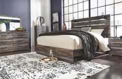 Burnt orange and teal colors accent a brown rustic finish in a replicated woodgrain with authentic touch. Large scaled dark colored handles. Cases feature a framed front and pilasters. All panel headboards (53,57,58,87) feature decorative matte black scon